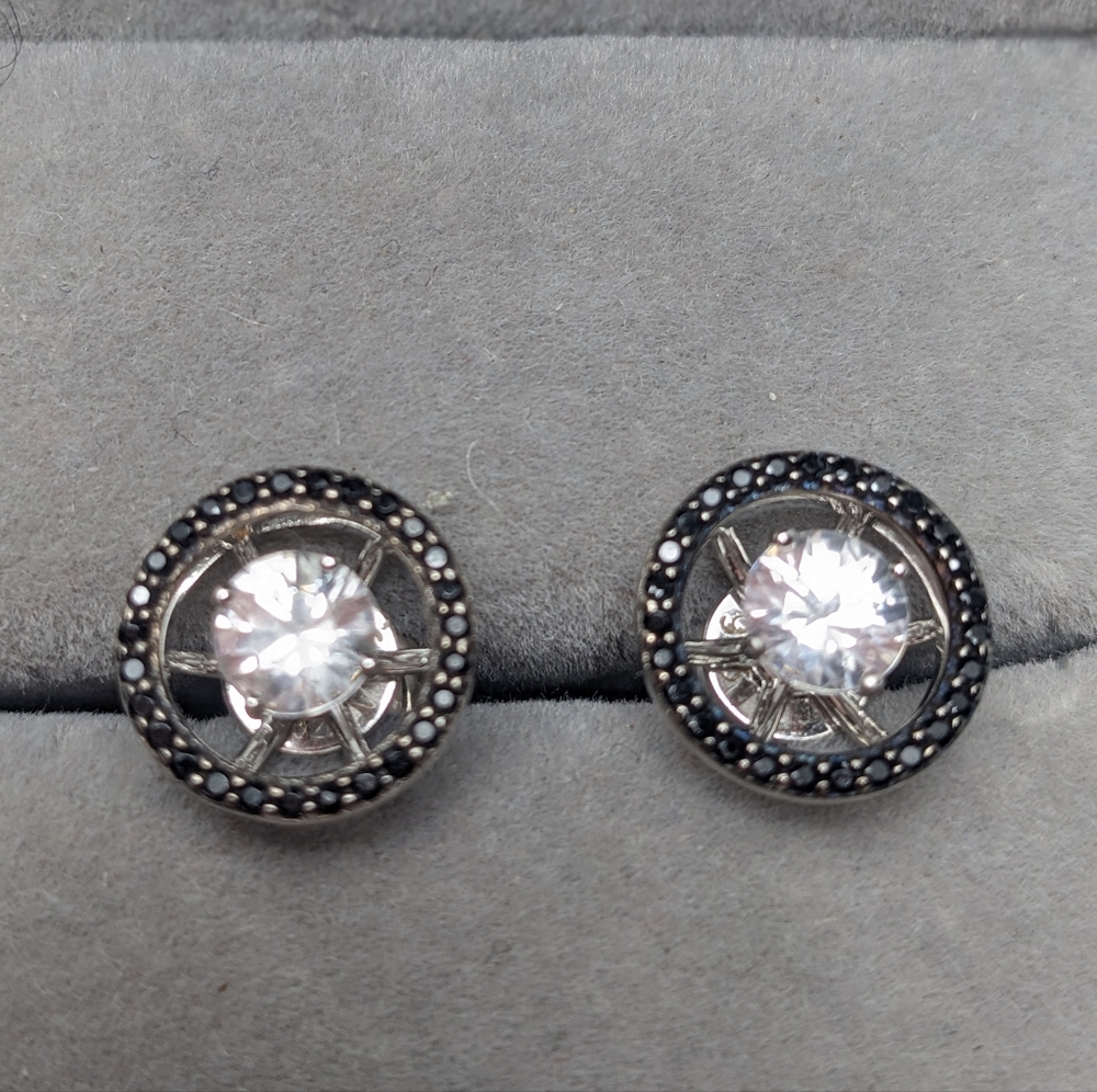 Sterling Silver Earrings White Zircon Black Onyx 2‑in‑1 Spinning Halo New